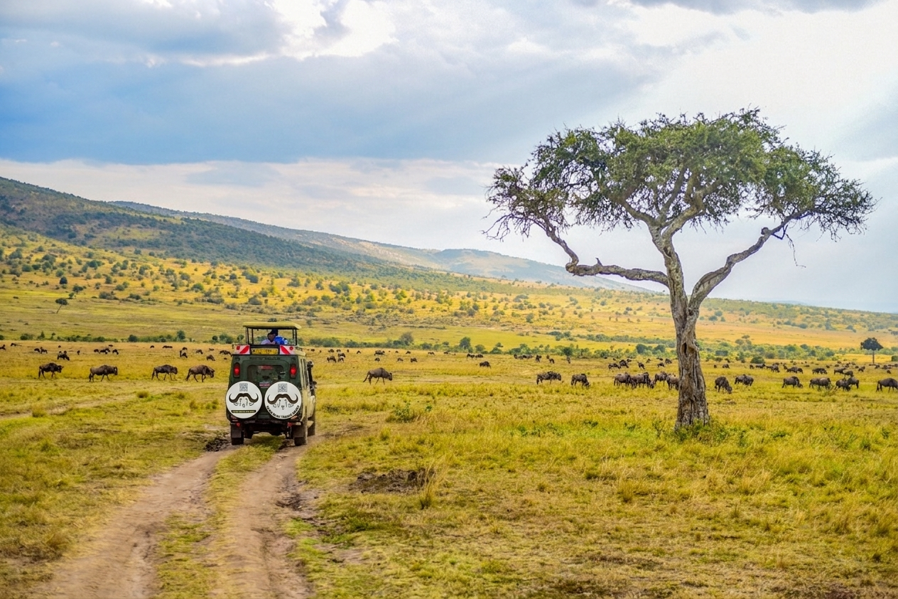 Private safari vehicle travelling across the Maasai Mara