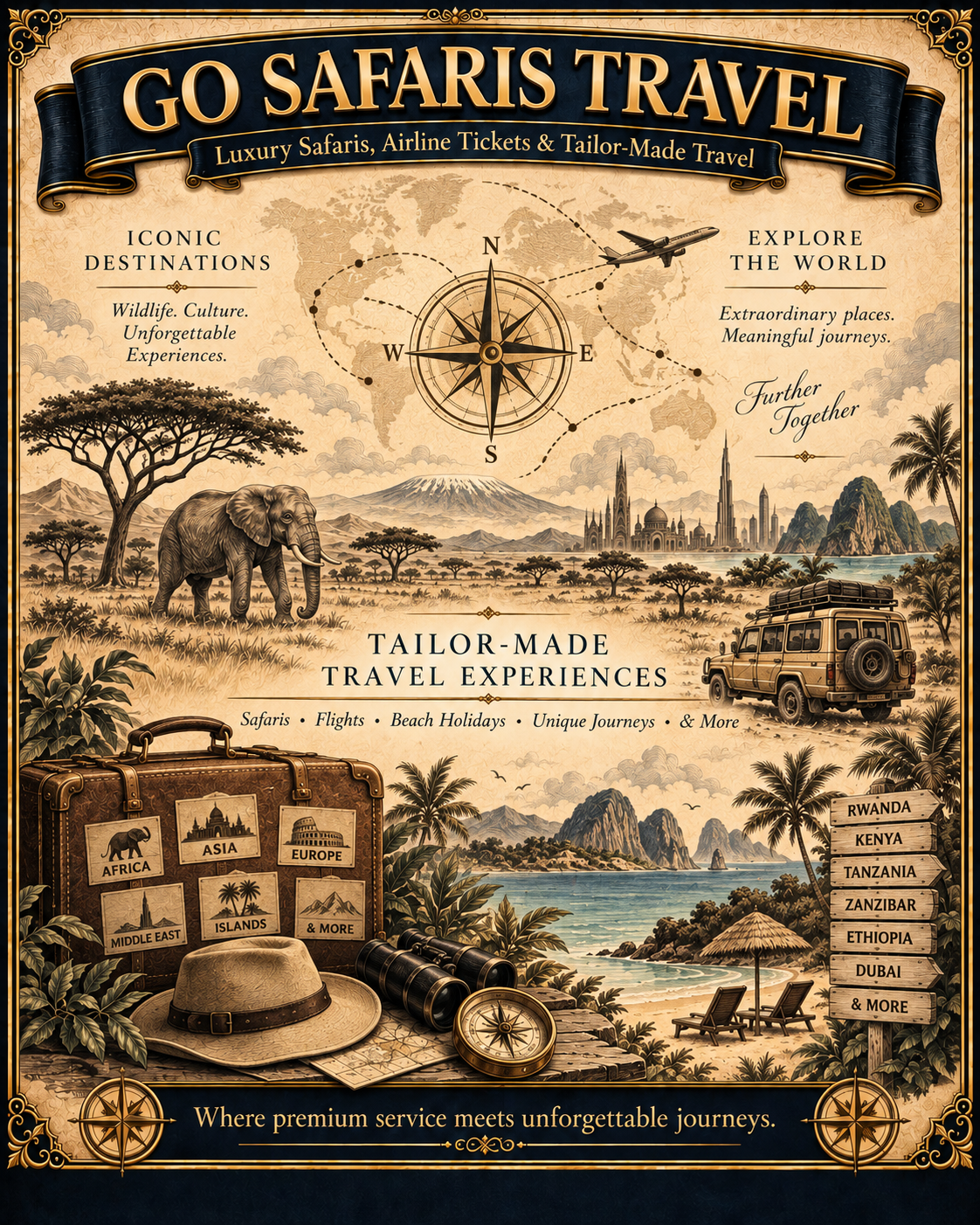 Go Safaris Travel vintage illustration celebrating international travel, safari and aviation